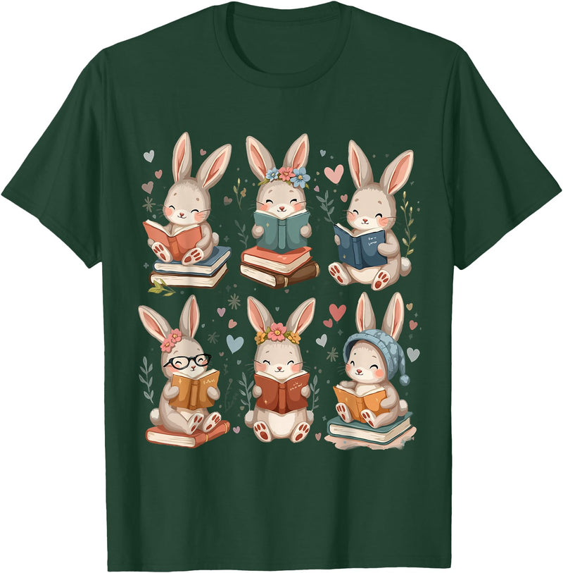 Cute Teacher Bunny Rabbit Reading Easter Bunnies Book Lovers T-Shirt in Dark Green