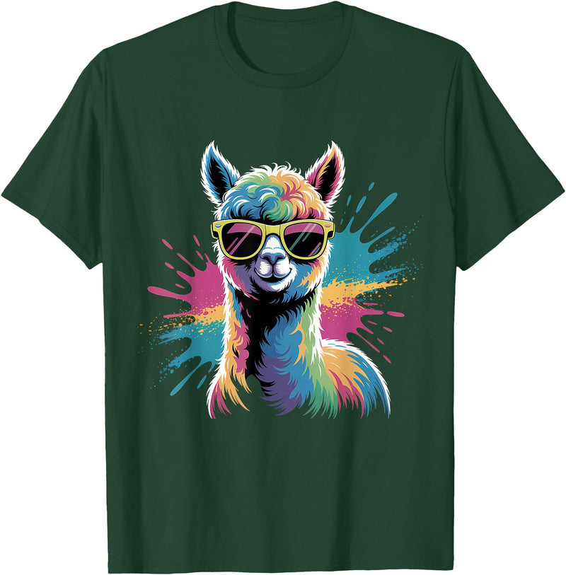 Funny Llama Lover Graphics Funny Llama Alpaca with Sunglasses Animal Graphic T-Shirt - Dark Green