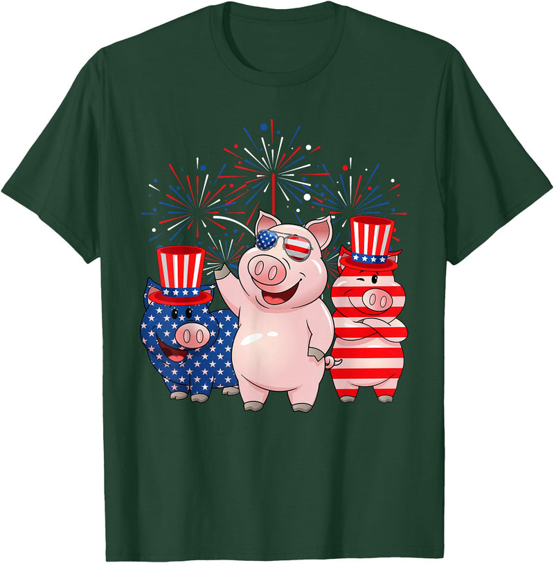 Ohia Three Patriotic Pigs USA Independence Day Tee Funny Red White Blue Pig American Flag Farmer 4th Of July T-Shirt - Dark Green