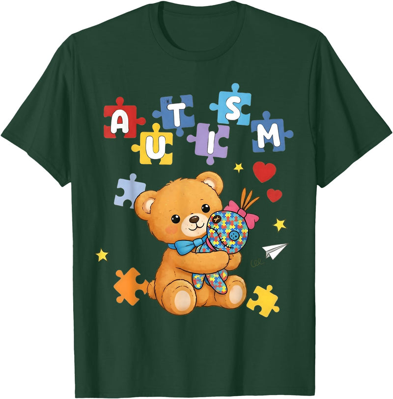 Cute Autism Awareness Puzzle Cute Autism Awareness Bear Colorful Puzzle T-Shirt - Dark Green
