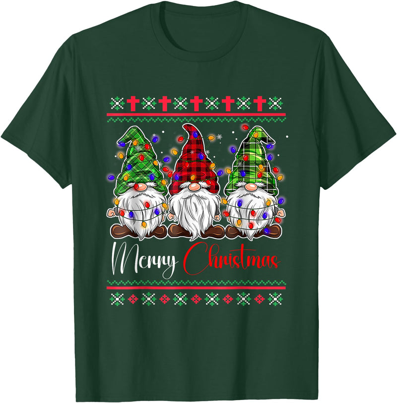 Xmas Lights Gnomes Holiday Graphics Merry Christmas Leopard Buffalo Red Plaid for Men Women T-Shirt - Dark Green