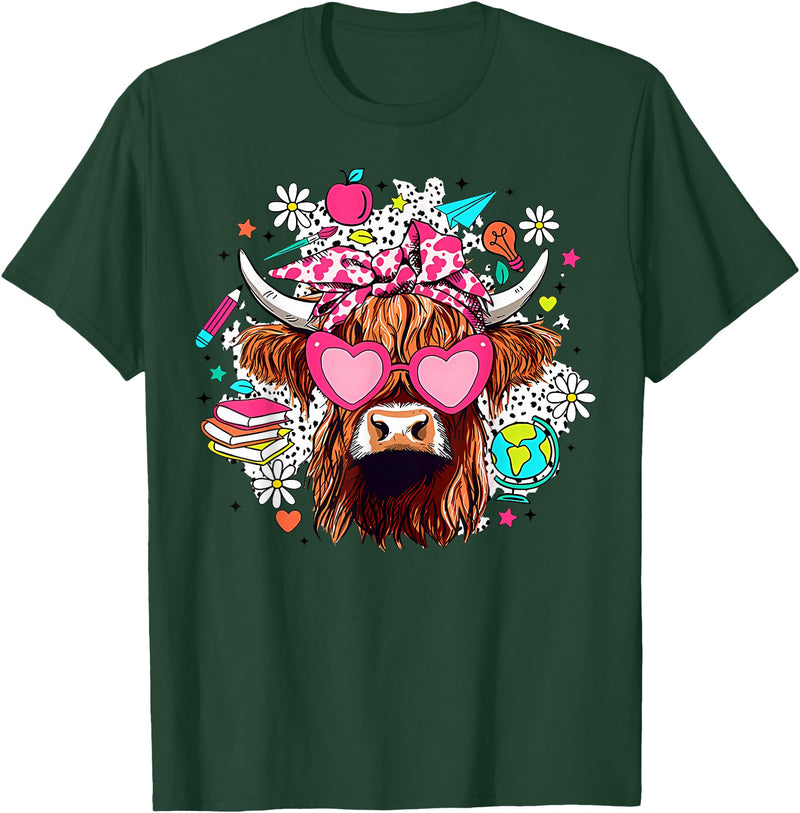 Cute Highland Cow Funny Teacher Life Retro Cute Highland Cow Teacher Bow Flower Heart Glasses T-Shirt - Dark Green