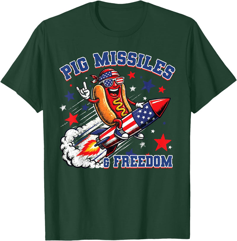 Pig Missiles and Freedom 4th of July Patriotic Hotdog T-Shirt - Dark Green