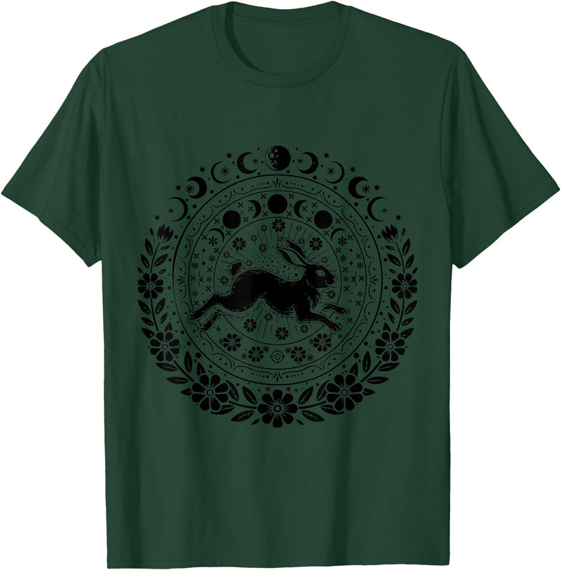 Easter Rabbit Eostre Pagan Spring Moon Witchcraft Ostara T-Shirt in Dark Green