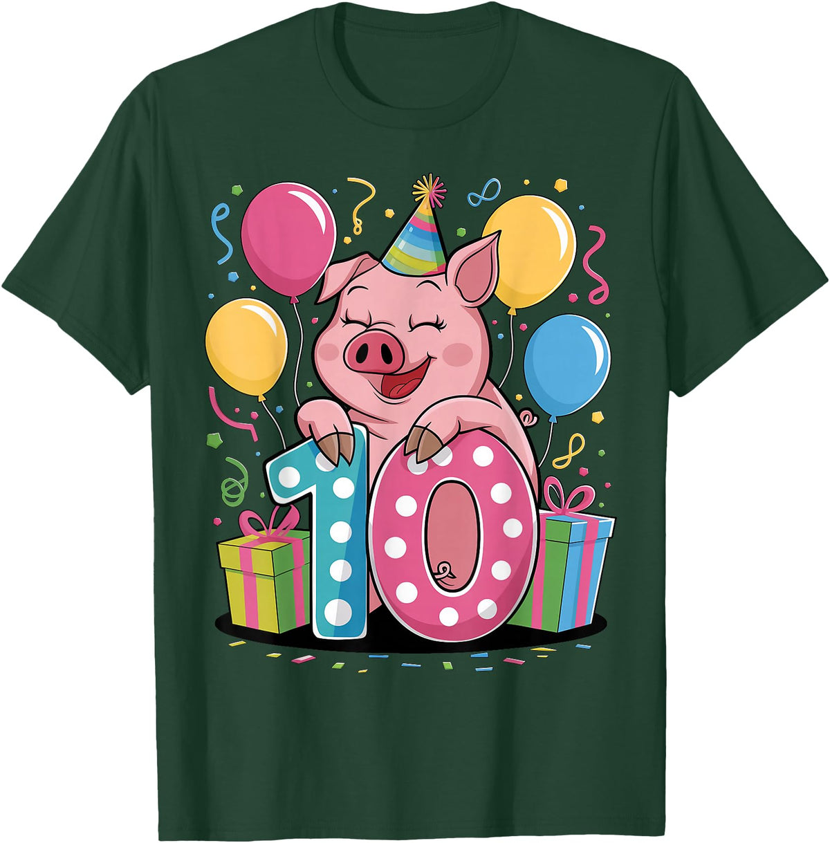 10th Girls, Boys Pig 10 Birthday Pig 10th birthday for boy girl 10 years old tenth ten Pig T-Shirt - Dark Green
