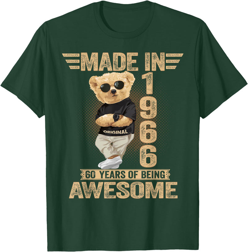 Vintage 60th Birthday 2026 Gifts Men Women 1966 60 Year Old Made in 1966 Teddy Bear 60th Birthday Men Women T-Shirt - Dark Green