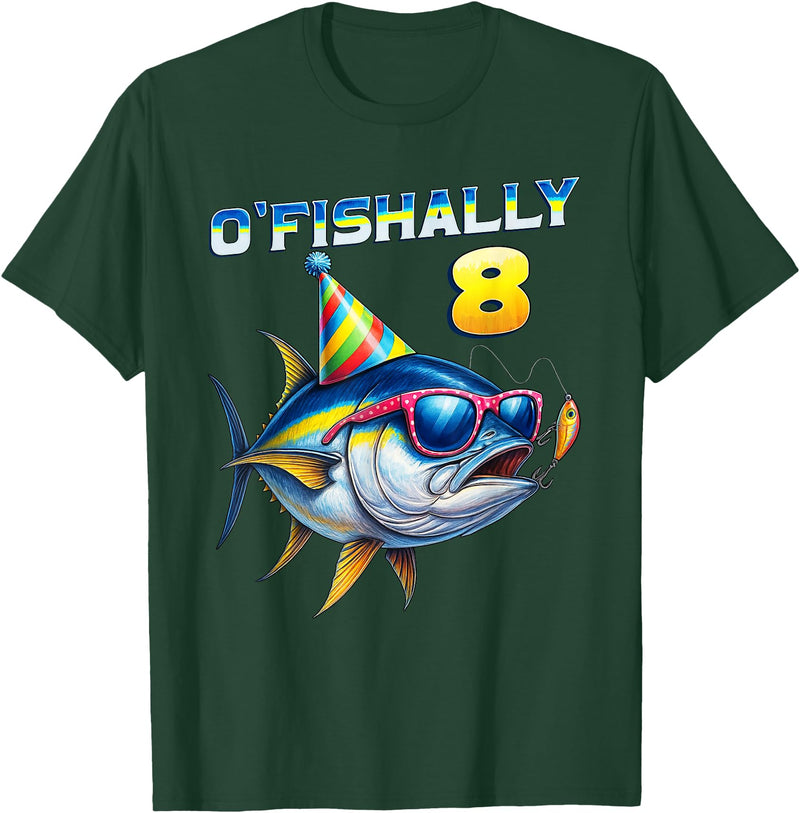 Fishing Themed Birthday Party O'fishally 8 Years Old Funny Fishing 8th Birthday Tuna Fish T-Shirt - Dark Green