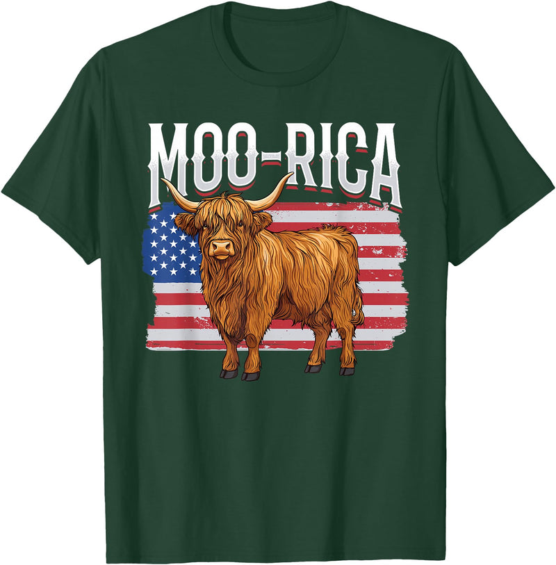 Funny Scottish Highland Cow 4th of July Scottish Highland Cow 4th of July Independence Day Moo-rica T-Shirt - Dark Green