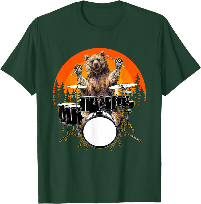 Drum Instrument Drummer Apparel Musical Animal Bear Playing Drums For Drum Lover And Musical Drummer Lover T-Shirt - Dark Green