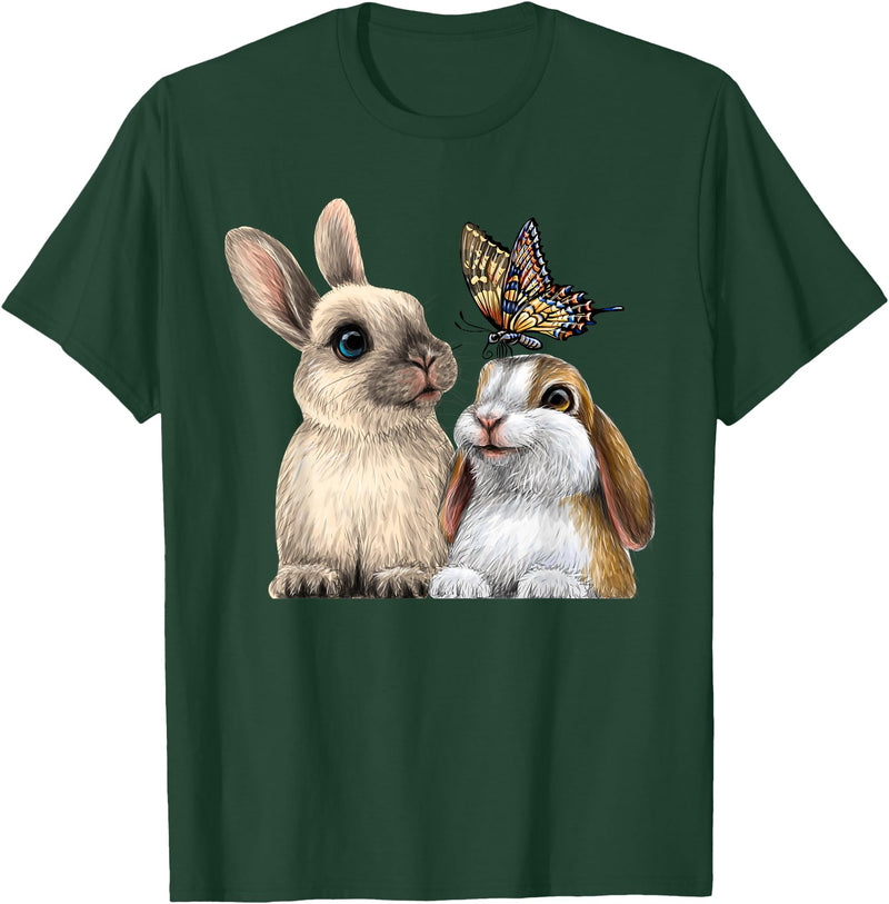 Two Cute Little Rabbits with a Butterfly for Lovers Bunny T-Shirt in Dark Green