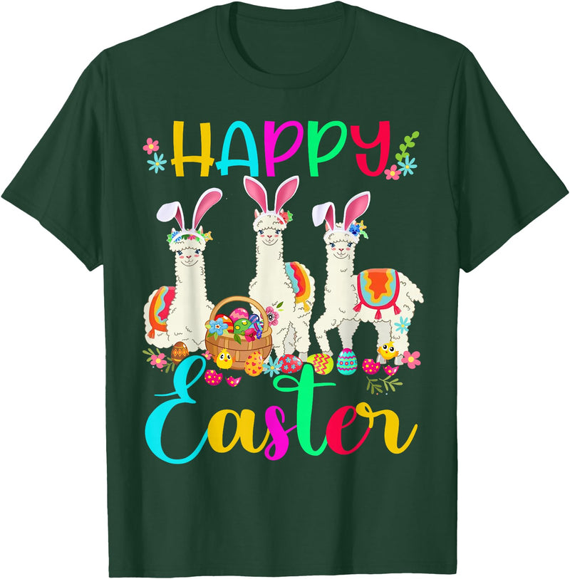 Happy Easter Three Llama Wearing Bunny Ear Happy Easter Llama Lover Three Llama Wearing Bunny Ear T-Shirt - Dark Green