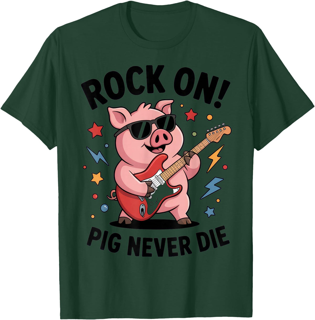 Musical Pig Tribe Collective for Rock Enthusiasts Rock On Pig Never Die Music Lovers Funny Concert Vibe T-Shirt - Dark Green