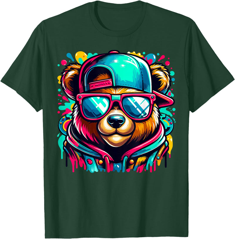 Funny Teddy Bear Lovers Colorful Hip Hop Teddy Bear Sunglasses Rap Music T-Shirt - Dark Green