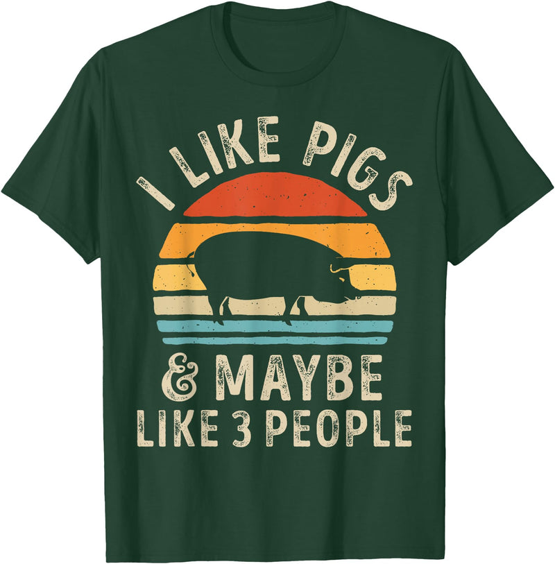 Piggy Squad Co I Like Pigs and Maybe Like 3 People Pig Lover Farmer Retro T-Shirt - Dark Green