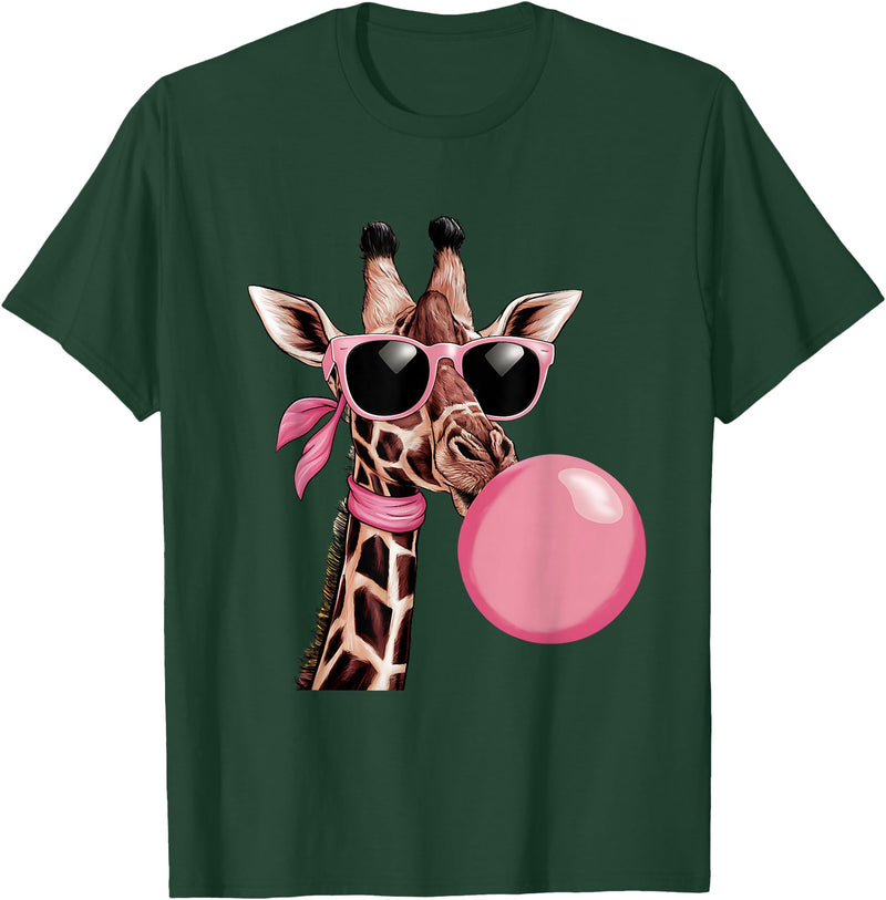 Funny Giraffe Lover Design Outfit Funny Cute Giraffe Pink Bubble Gum and Pink Sunglasses T-Shirt - Dark Green