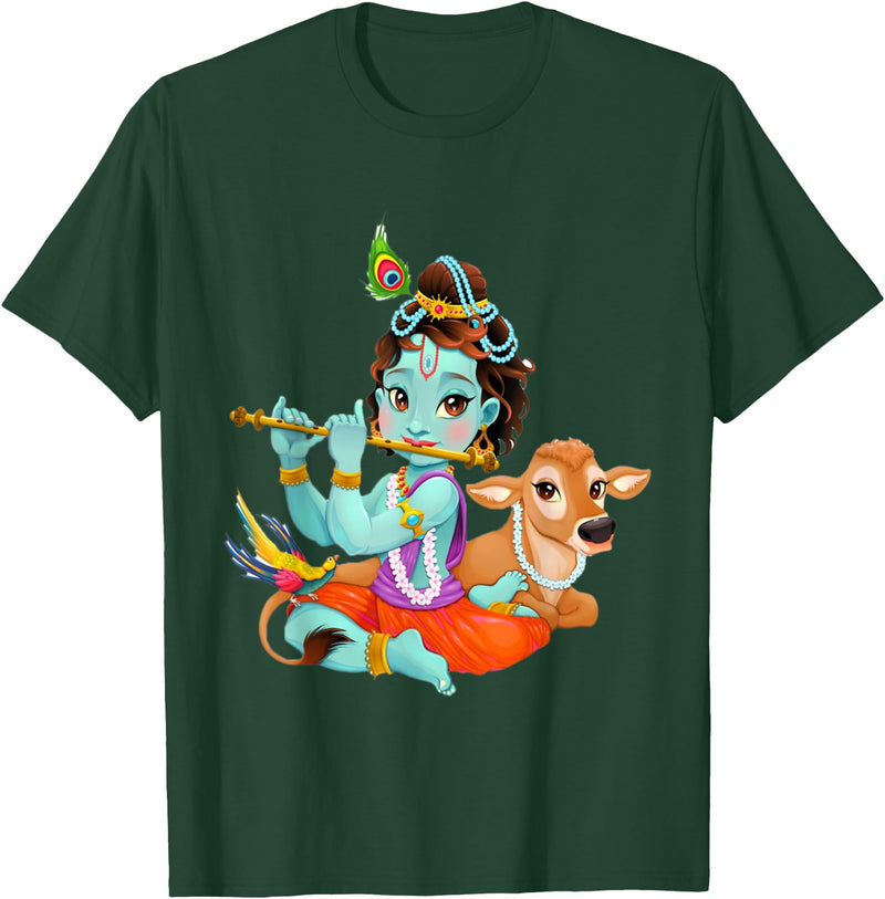 Clever Witty Designs Hindu god Lord Shri Krishna with a Cow and a Bird T-Shirt - Dark Green