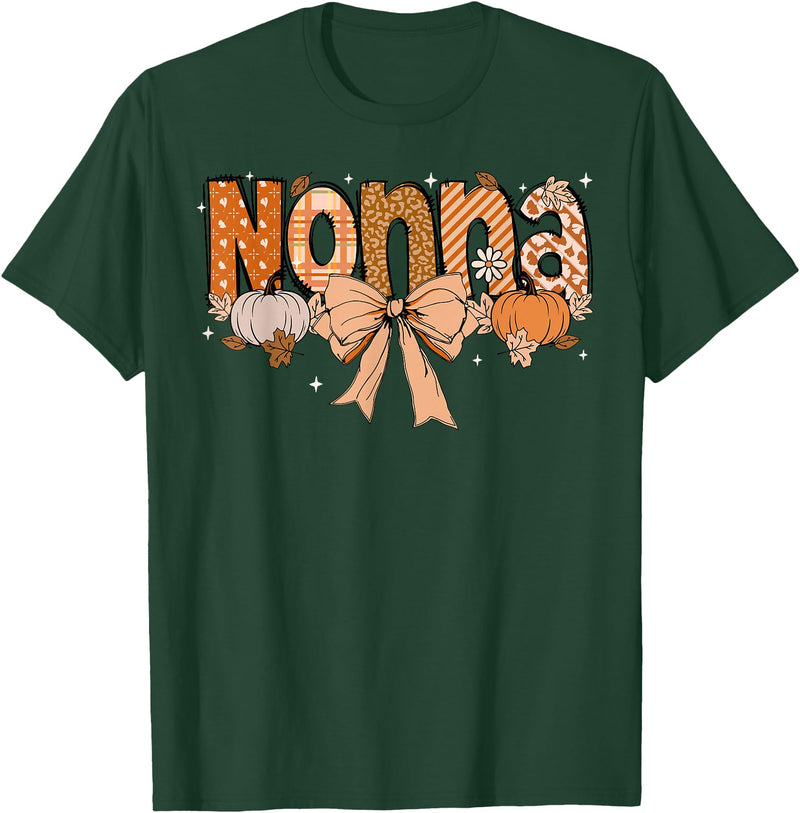 Pumpkin Fall Leopard Happy Thanksgiving Mat Nonna Pumpkin Fall Coquette Bow Thanksgiving Mom Women T-Shirt - Dark Green