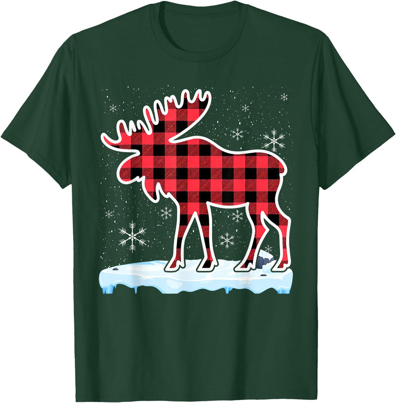 Moose Buffalo Lover Gift Co. Moose Red Buffalo Plaid Matching Pajama Family T-Shirt - Dark Green