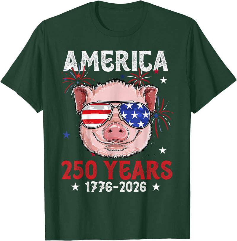 Pig Face 4th of July 1776-2026 Anniversary 250th Pig Sunglasses American Flag America 250 Years Tee 250yr Tee T-Shirt - Dark Green