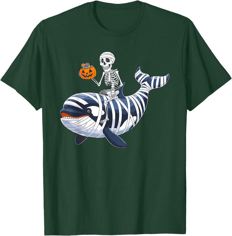 Orca Skeleton Halloween Whale Apparel Co. Skeleton Riding Mummy Orca Halloween Candy Whale T-Shirt - Dark Green