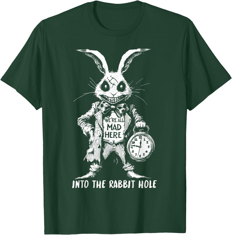 The Creepy White Rabbit in Wonderland Horror Fantasy Art T-Shirt in Dark Green