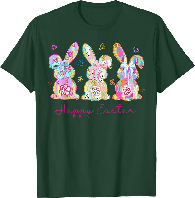 Funny Bunny Three Rabbits Eggs Happy Easter Tie Dye Trendy T-Shirt in Dark Green