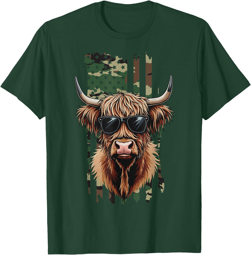 Highland Cow by AKH Highland Cow Camo American Flag, Patriotic Highland Cow T-Shirt - Dark Green