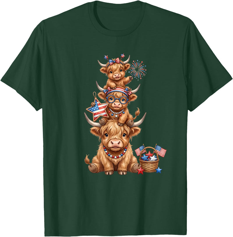 Funny 4th Of July Highland Cow Apparel Cute Highland Cow 4th of July Patriotic American Flag T-Shirt - Dark Green