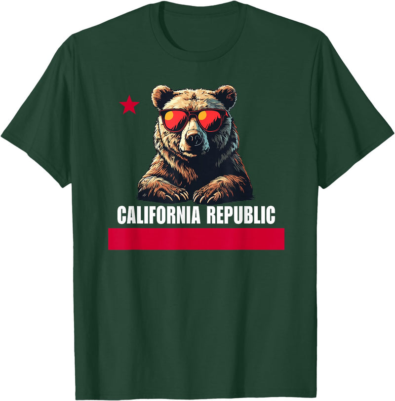 California Summer Surfing California The Golden State Bear Flag T-Shirt - Dark Green
