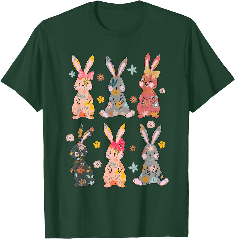 Vintage Retro Bunny Floral Flower Rabbit Easter Day Womens T-Shirt in Dark Green