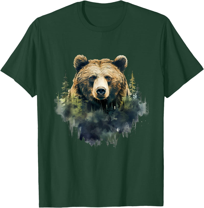Bear Forest Animal Art Portrait Forest Artwork Wildlife T-Shirt - Dark Green