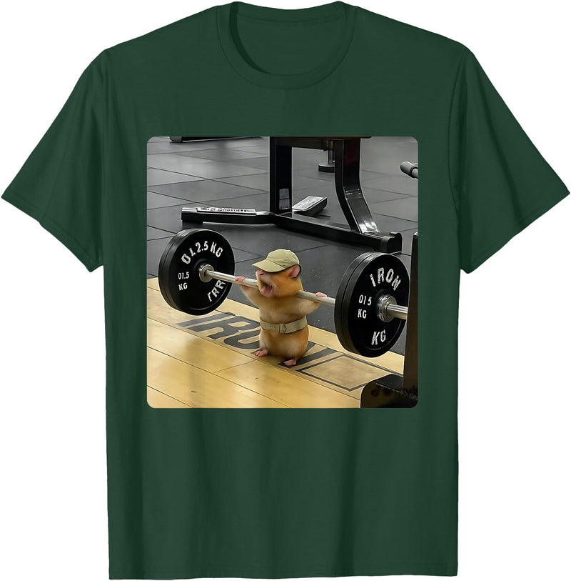 Hamster Deadlift Training Funny Cute Rat Weightlifting Meme T-Shirt - Dark Green