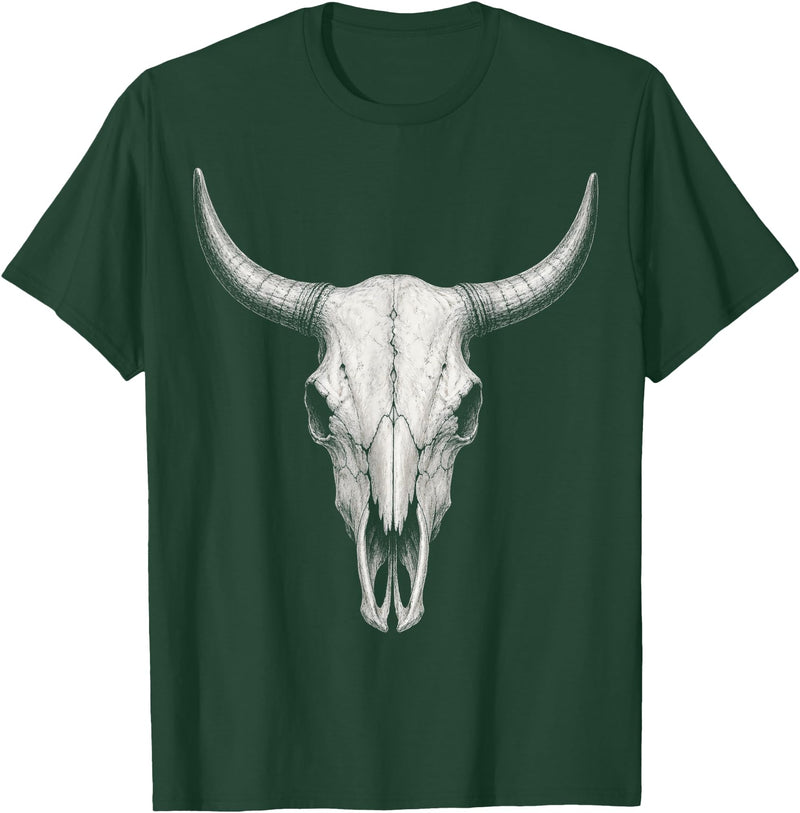 Country Western Rodeo Clothing Co. Vintage Bull Skull Western Cow Skull Longhorn Cattle Sketch T-Shirt - Dark Green