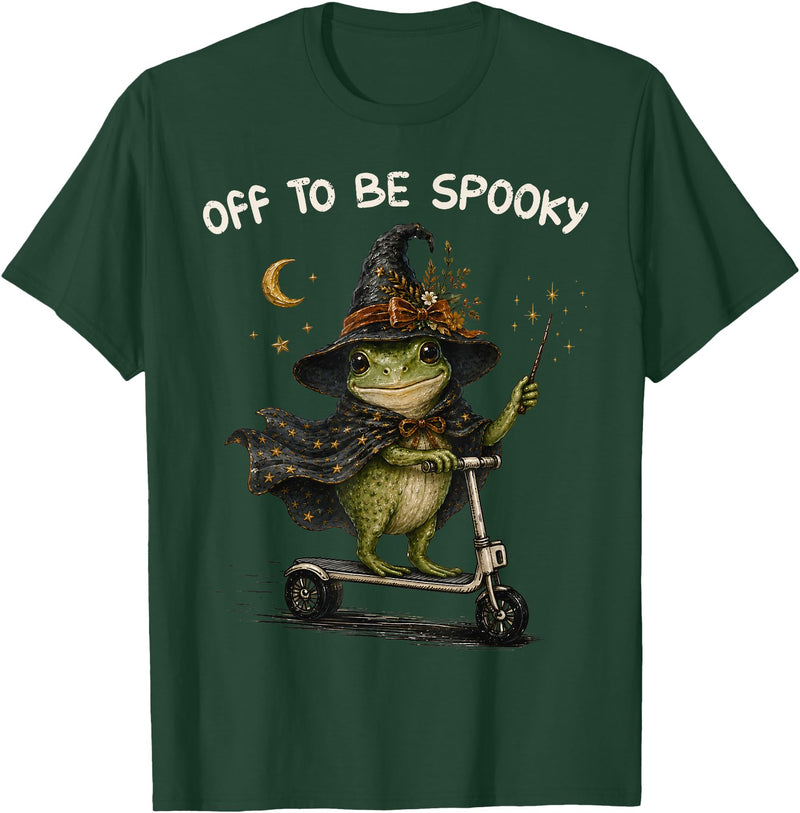 Funny Witch Frog Off To Be Spooky Halloween T-Shirt - Dark Green