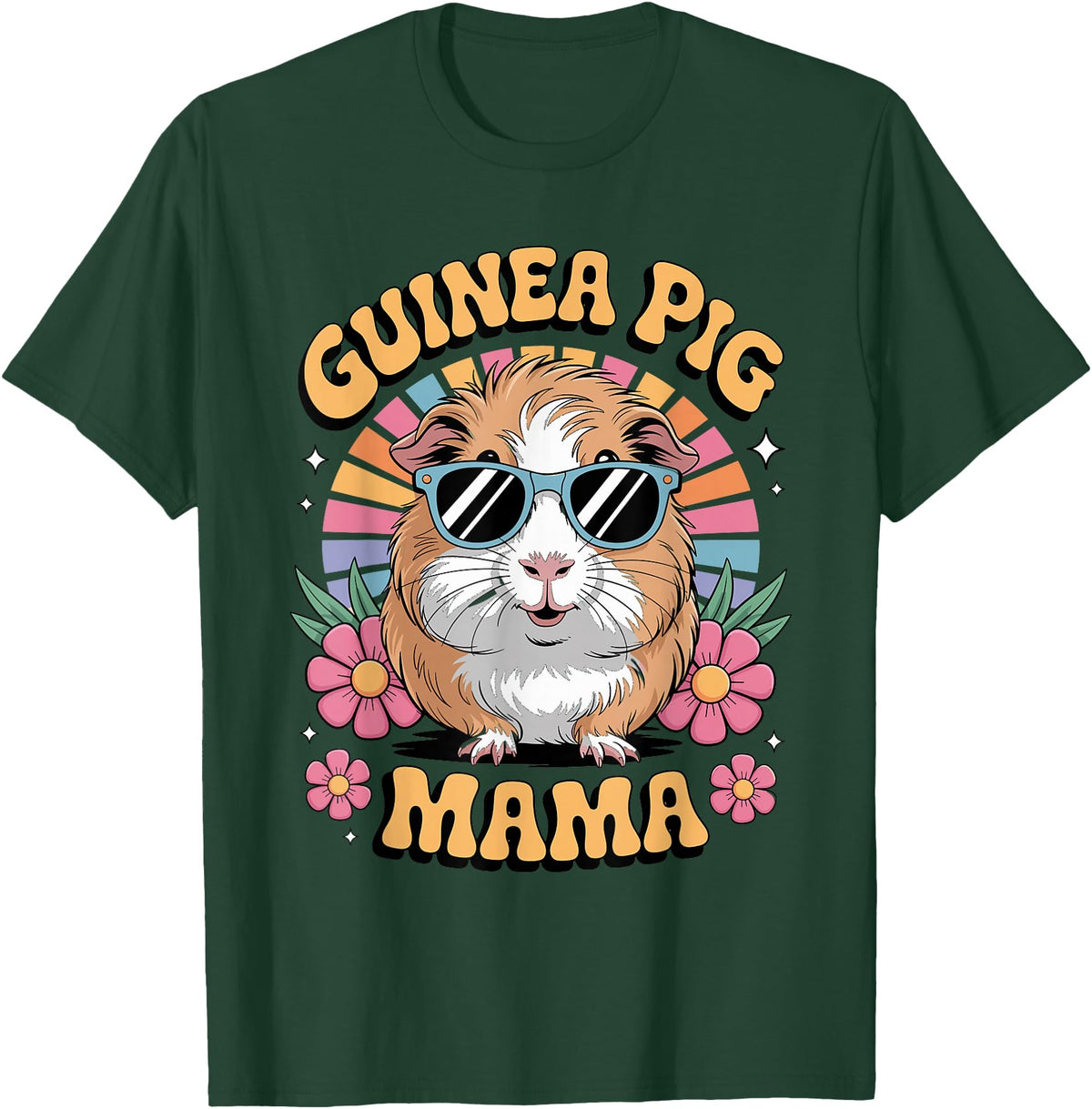 Guinea Pig Rodents Lover Mom Mother'S Day Guinea Pig Mama Floral Vintage 60s 70s Sunglasses T-Shirt - Dark Green