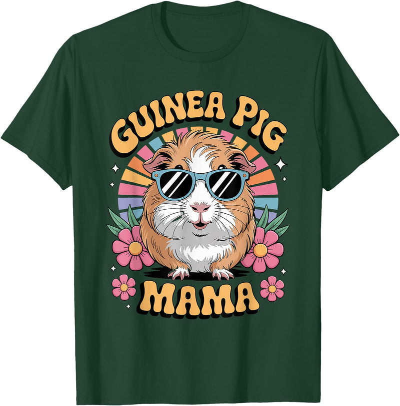 Guinea Pig Rodents Lover Mom Mother'S Day Guinea Pig Mama Floral Vintage 60s 70s Sunglasses T-Shirt - Dark Green