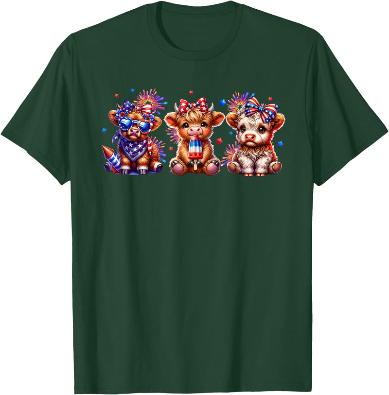July 4th Highland Cow Farm Lovers American Costume Highland Cow Cattle Animal Lover Patriotic 4th of July T-Shirt - Dark