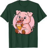 Funny Cute Pig Ice Cream Kawaii Design Pig Eating Ice Cream Graphic Boys Girls Pig Lover T-Shirt - Dark Green