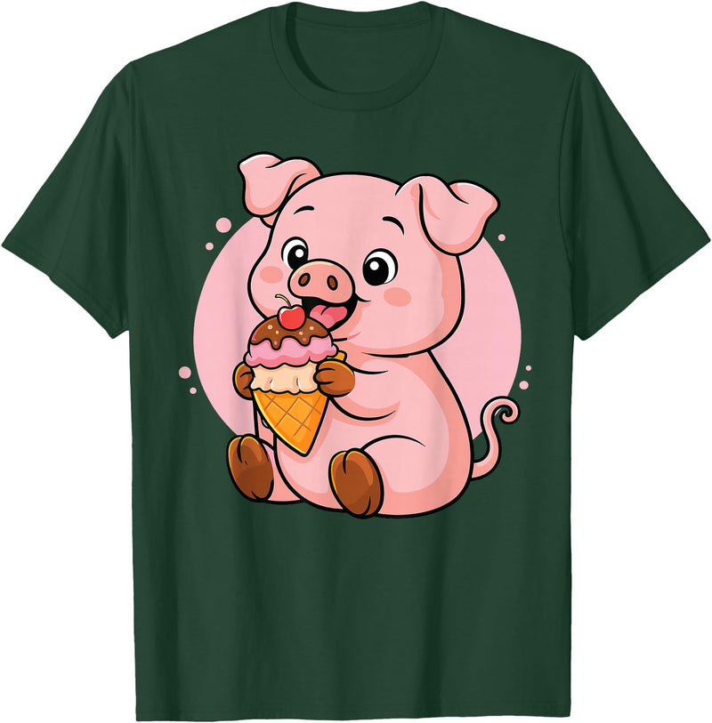 Funny Cute Pig Ice Cream Kawaii Design Pig Eating Ice Cream Graphic Boys Girls Pig Lover T-Shirt - Dark Green