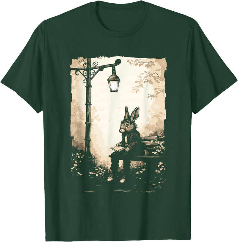 Rabbit with Book on Park Bench Bunny Lover, Men, Women, Kids T-Shirt in Dark Green