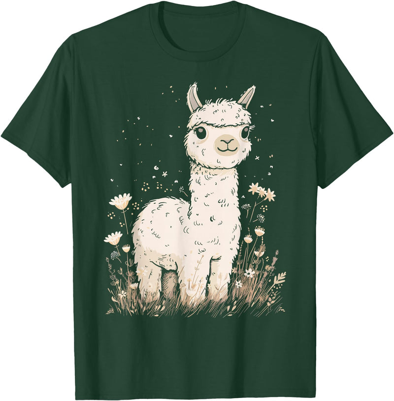 Alpaca Llama Lama Lover Cute Farm Animals Kids Llama Alpaca Lama Flowers Cute Adorable Baby Farm Animal T-Shirt - Dark Green