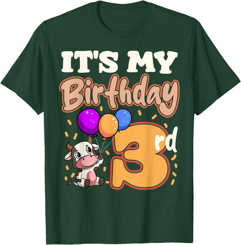 Cow Birthday 3 Party Farmyard Apparel Cow 3rd Birthday Party Balloons Moo Farm Animal Vet Barn T-Shirt - Dark Green
