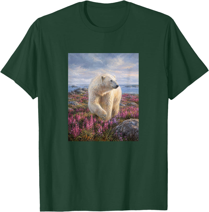 Dee Claire Art & Designs Polar Bear Summer Wildflower Meadow Nature Artwork T-Shirt - Dark Green