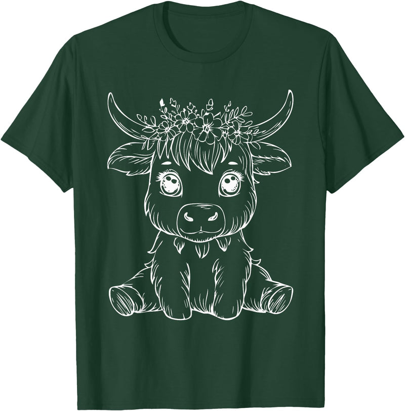 Highland Cow Lover Gifts Apparel and More Cute Highland Cow Flowers Floral Cowboy Farm Country T-Shirt - Dark Green