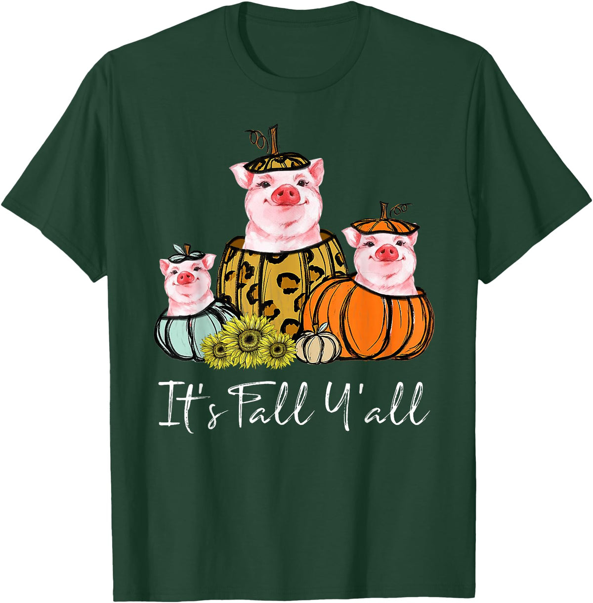 Fall Y'all Pig Thanksgiving Leopard Pumpkin It's Fall Y'all Pig Animal Leopard Pumpkin Falling Autumn T-Shirt - Dark Green