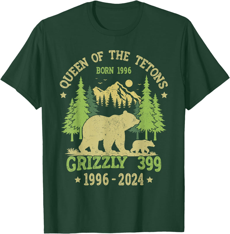 Vintage National Park Outfits Bear Lovers Apparel. Queen Of The Tetons Grizzly 399 National Park 1996-2024 T-Shirt - Dark Green
