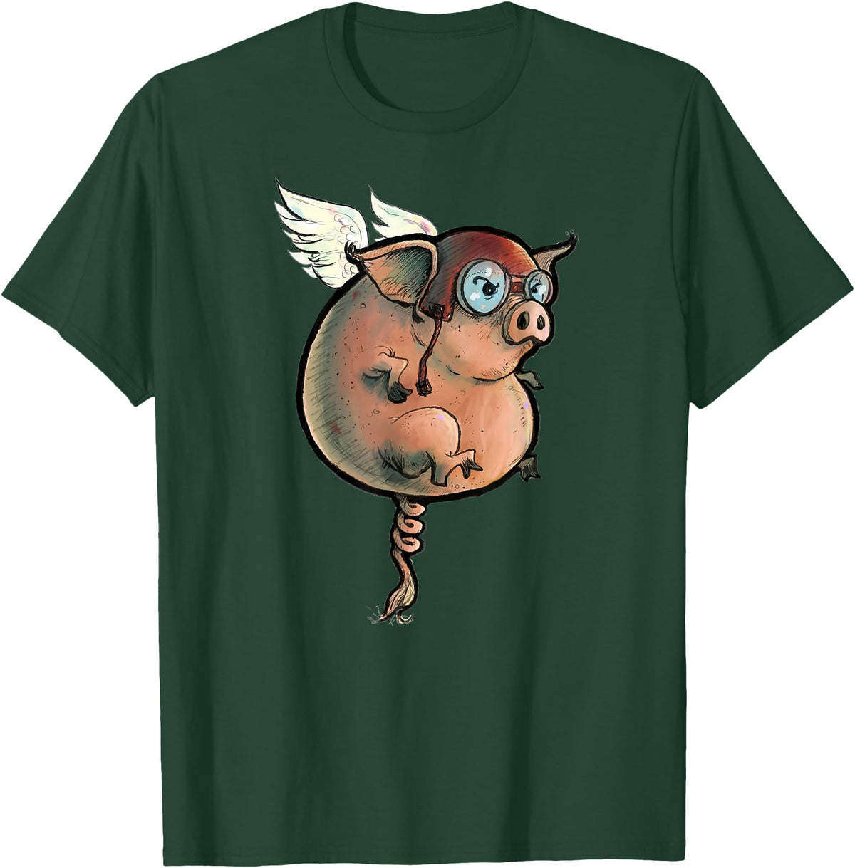 Logic Streetwear Flying Pig Funny Hand Drawn and Painted Art T-Shirt - Dark Green