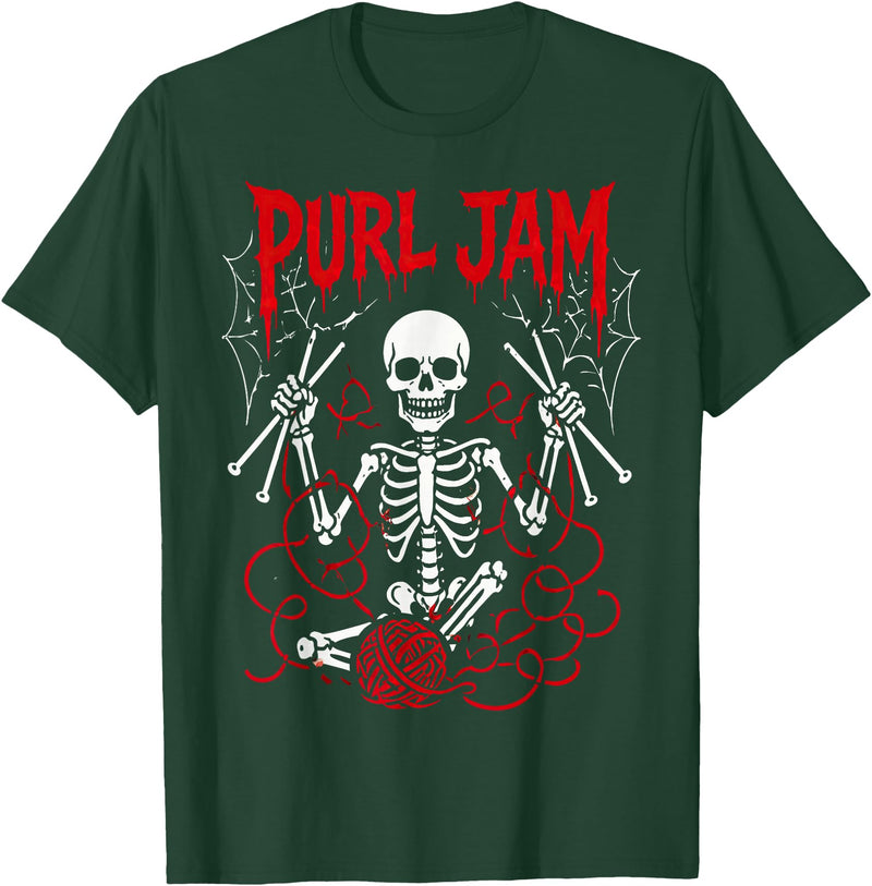 Bone Knitting Co. Purl Jam Skeleton Knitting Craft Lover Funny Design T-Shirt - Dark Green