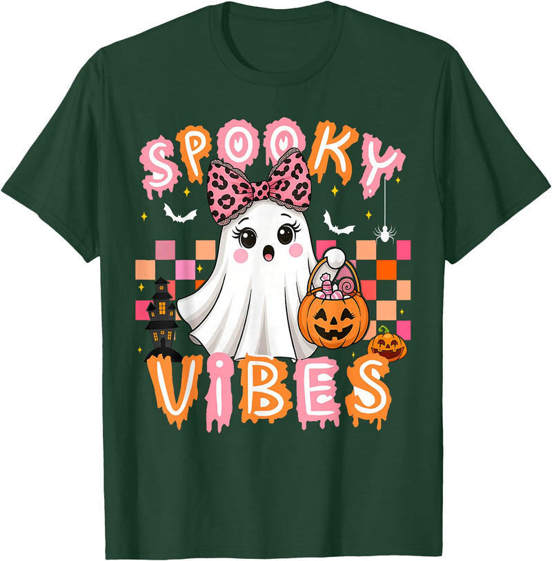 Cute Boo Leopard Halloween Costumes Spooky Vibes Cute Boo Ghost Halloween Costumes Girls T-Shirt - Dark Green