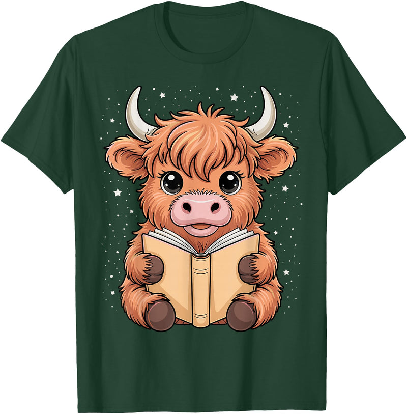 Funny Highland Cow Bookworm Lover Cute Highland Cow Reading Book T-Shirt - Dark Green